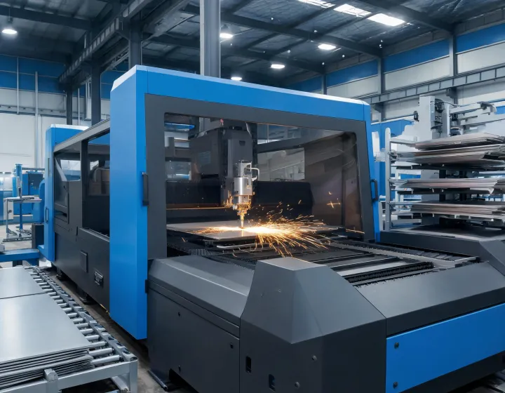 Bystronic enclosed fiber laser cutting cell processing sheet metal